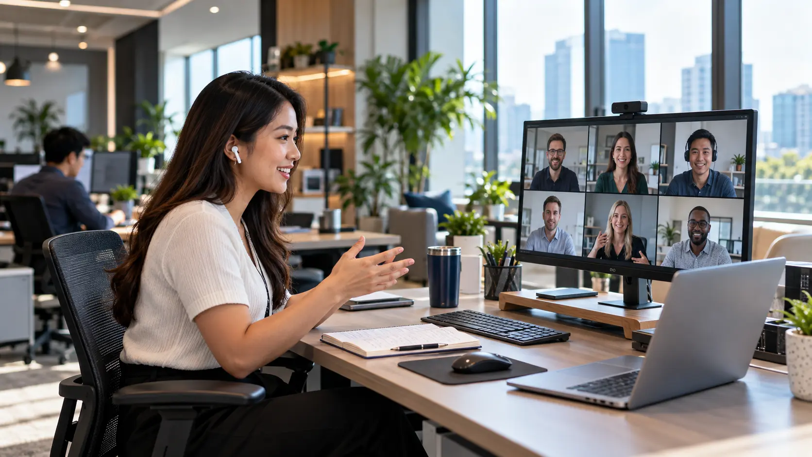 A professional at their desk on a video call with their team shown on a monitor