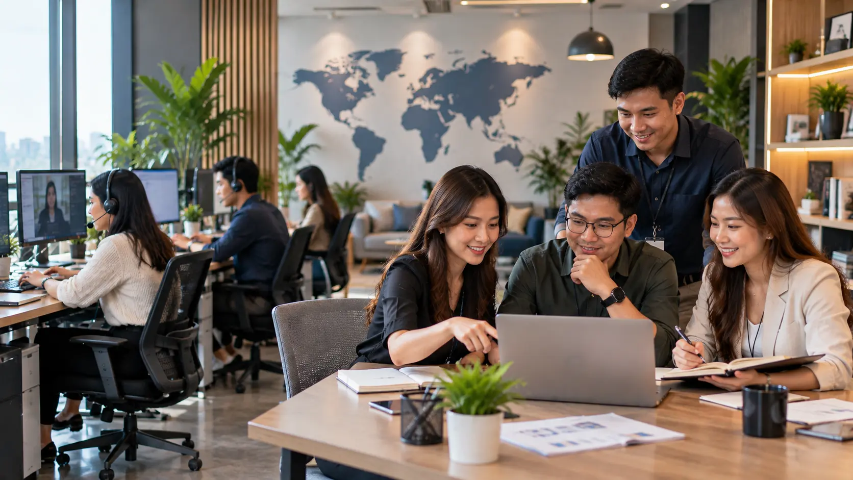 A team working together in a modern office, with a world map on the wall