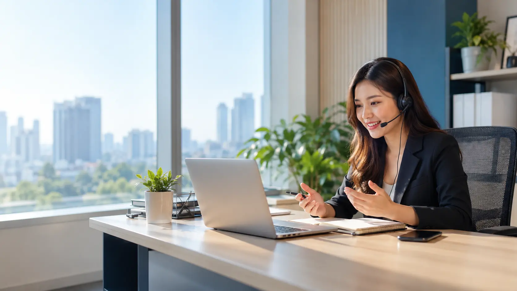 A dedicated staff member at their desk on a video call, wearing a headset