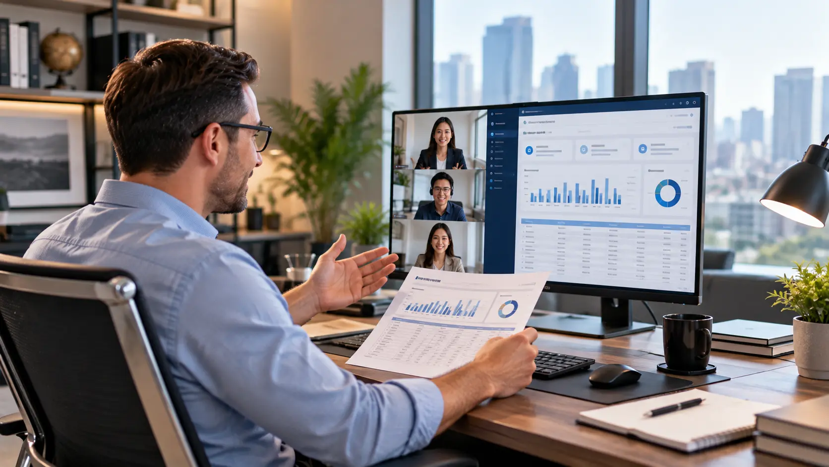 A business owner on a video call reviewing a payroll summary