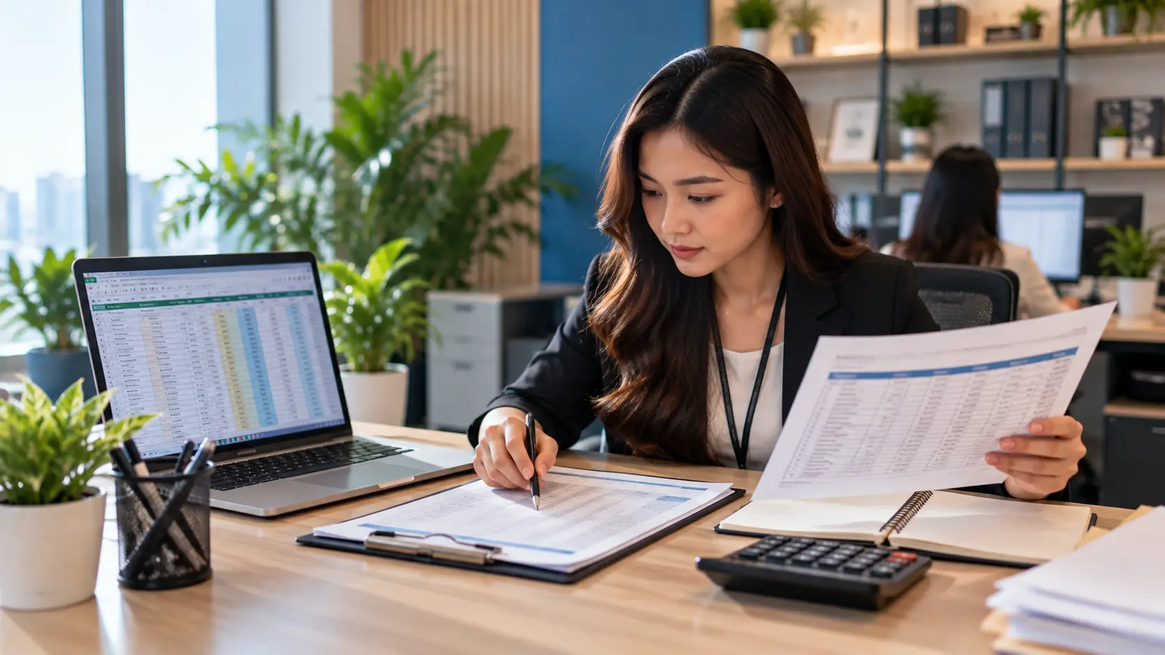 A payroll specialist checking a pay run against a printed report, with a spreadsheet and calculator on the desk