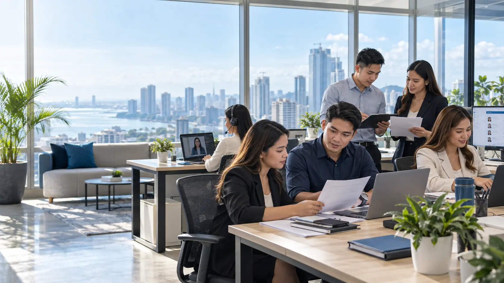 A recruiting team at work in an office, reviewing candidates together