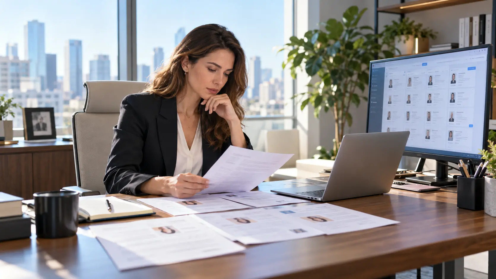 A business owner at her desk reviewing printed candidate profiles, with a candidate gallery on the monitor