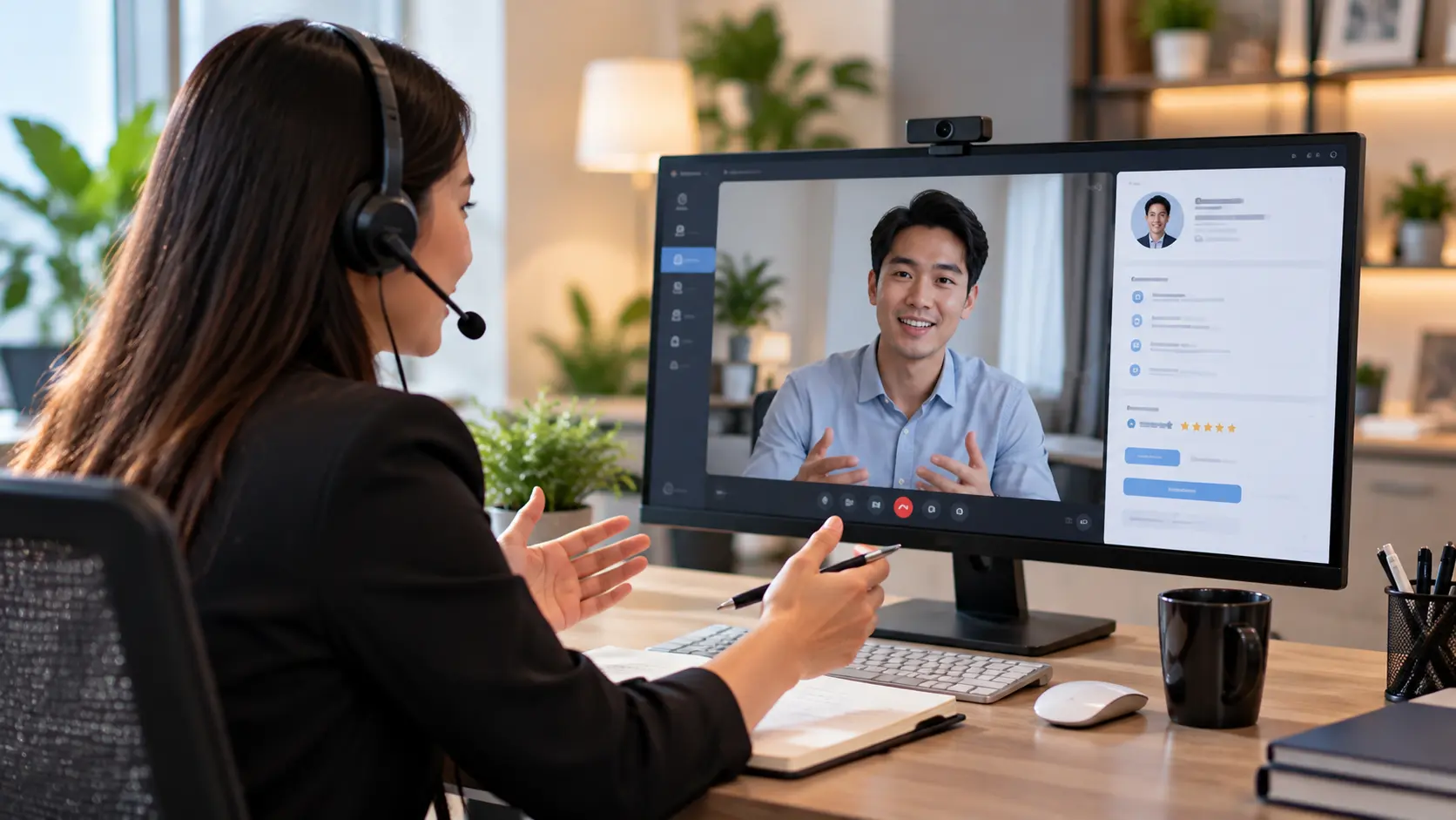 A recruiter in a headset on a video screening call with a candidate, taking notes