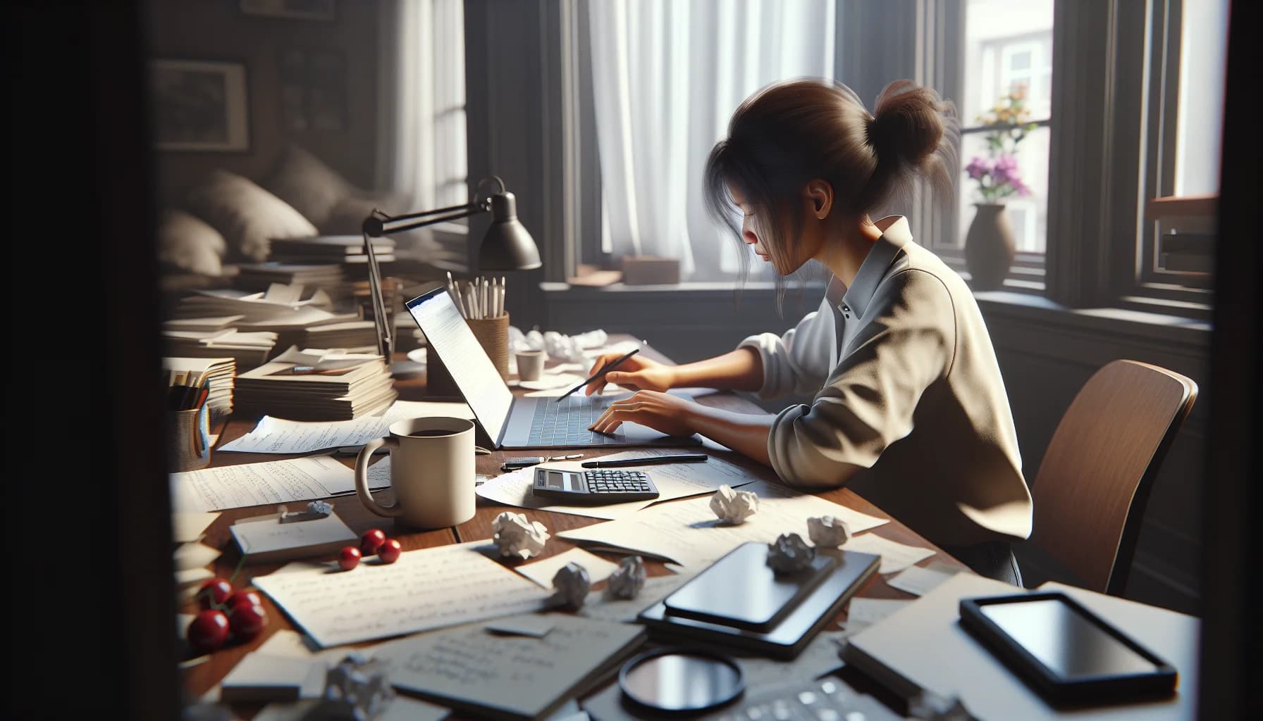 Filipino virtual assistant working at a desk with a laptop
