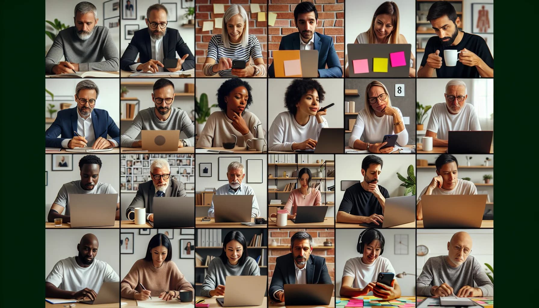 Diverse group working virtually from home on laptops