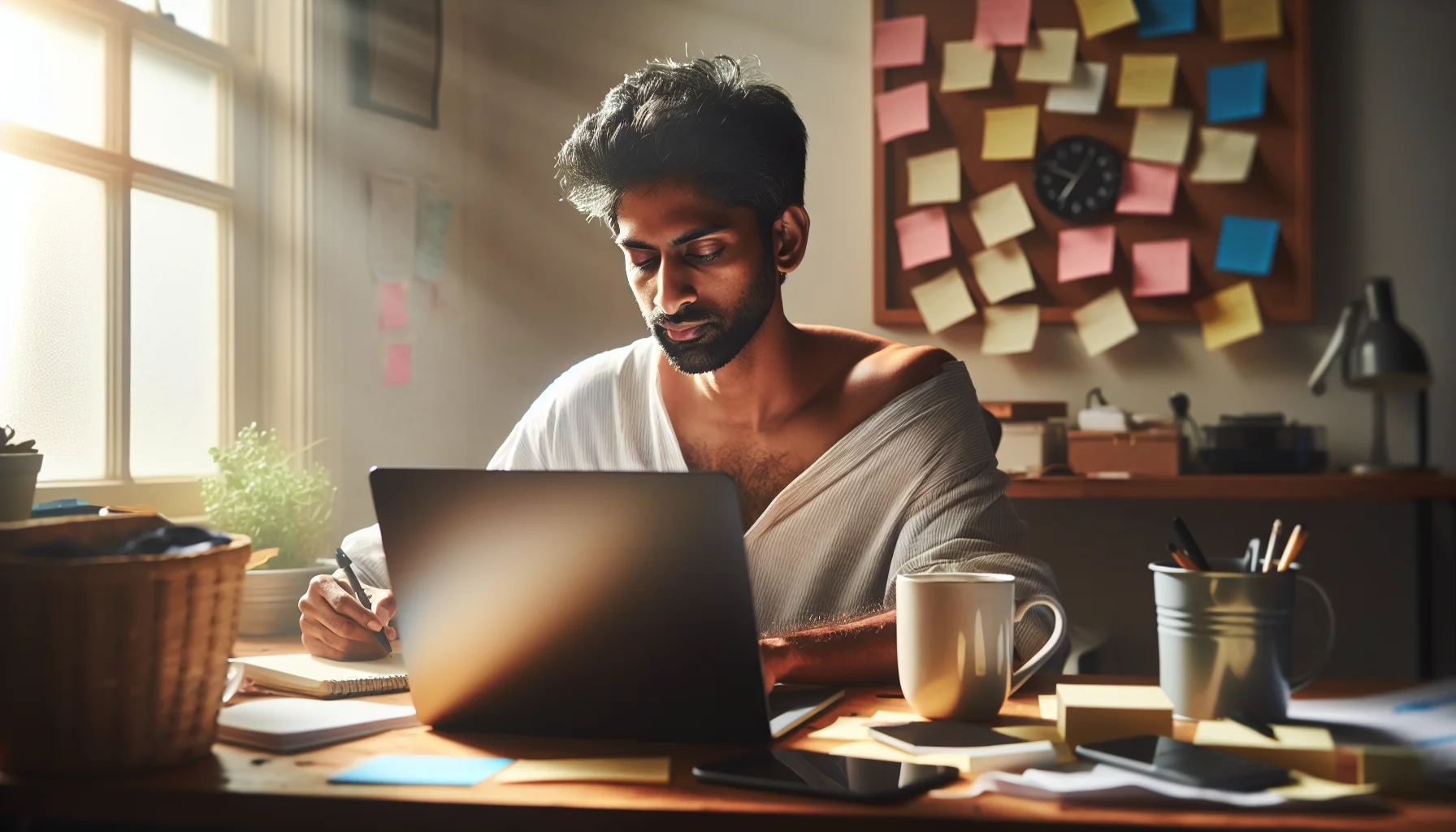 Filipino virtual assistant working from home with laptop