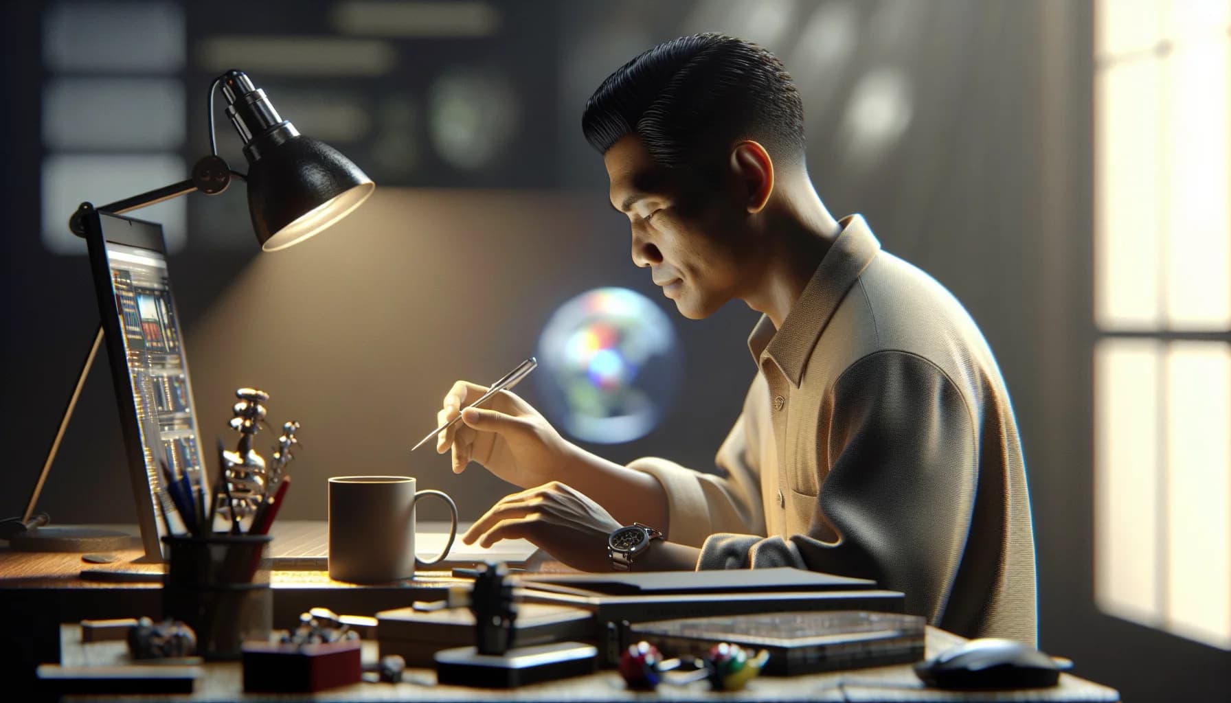 Filipino virtual assistant working at a desk with laptop and coffee mug