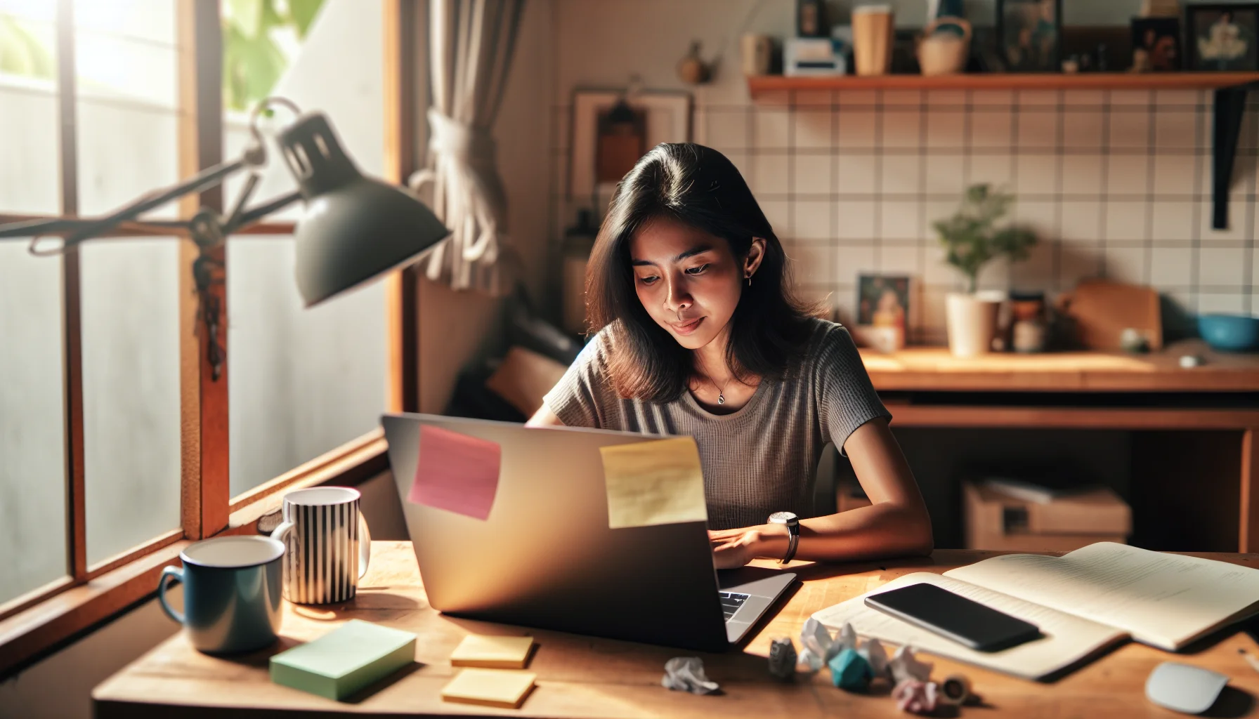 Filipino virtual assistant working at a desk with a laptop