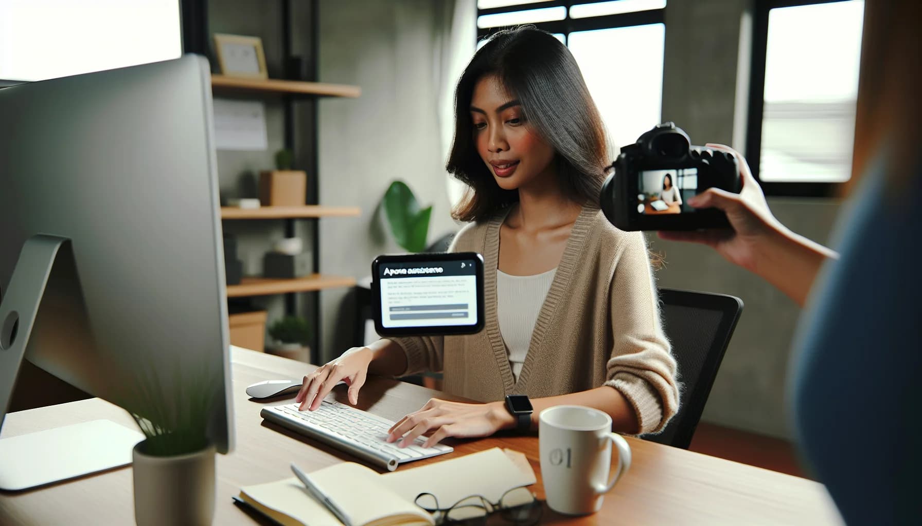 Filipino virtual assistant working at a cluttered desk