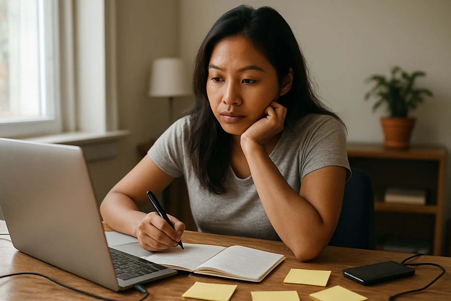 Filipino female virtual assistant working at a casual home office