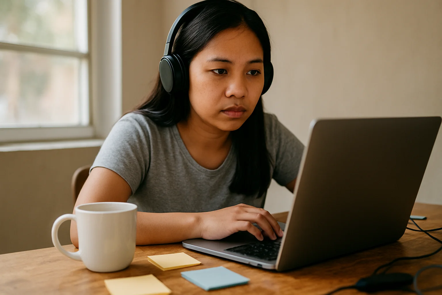 Filipino virtual assistant working at a cluttered desk