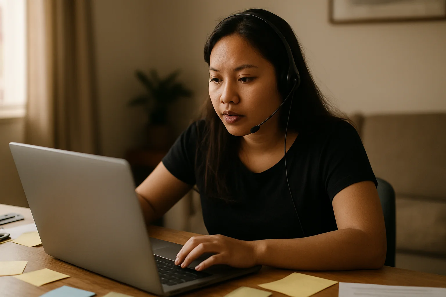Filipino woman working as an Amazon Virtual Assistant at home