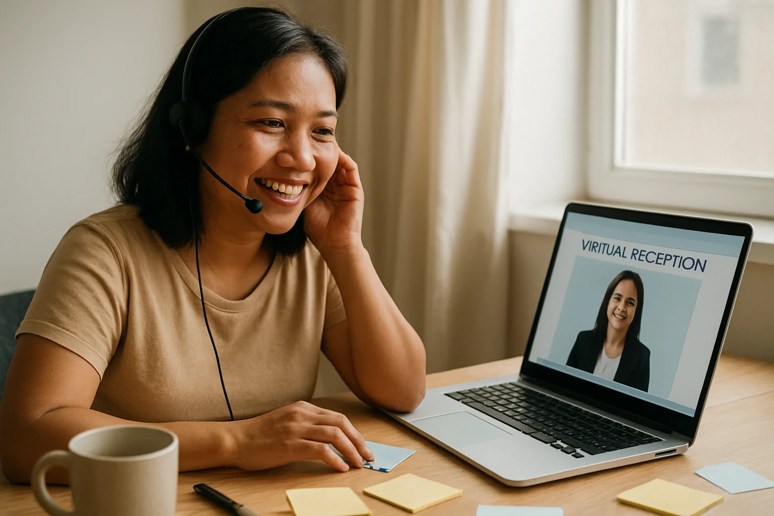 A virtual receptionist working diligently at a cluttered desk