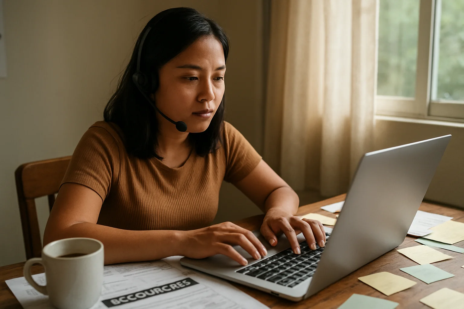 Filipino virtual assistant working on accounting tasks at a desk