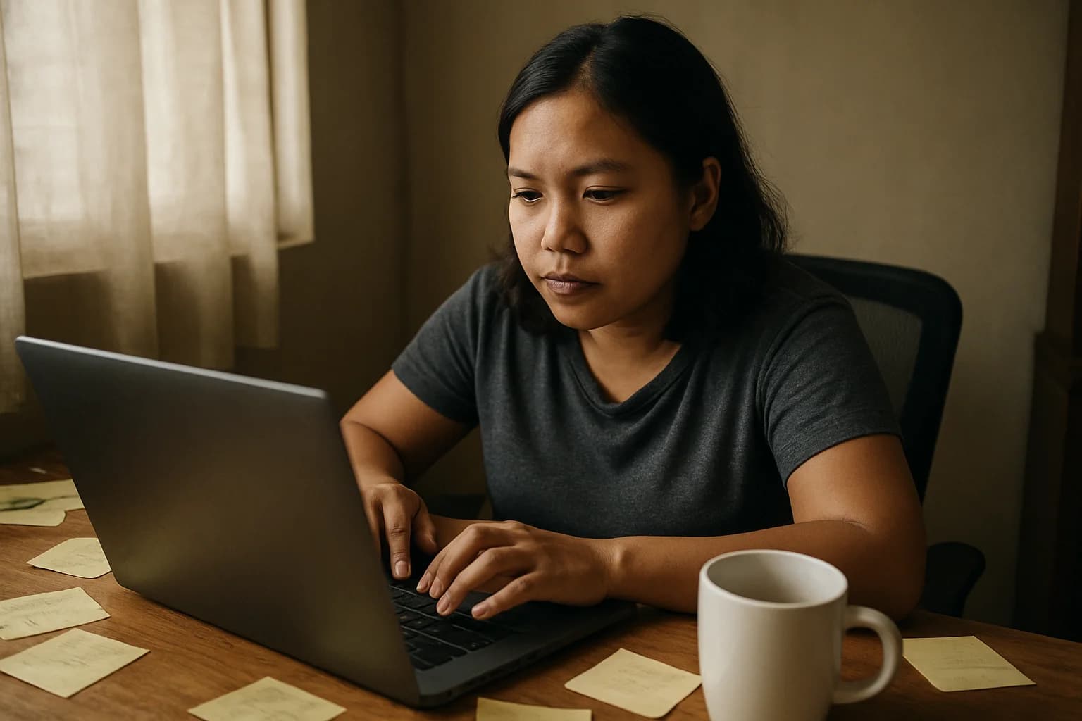 Filipino virtual assistant at work in a cozy home office