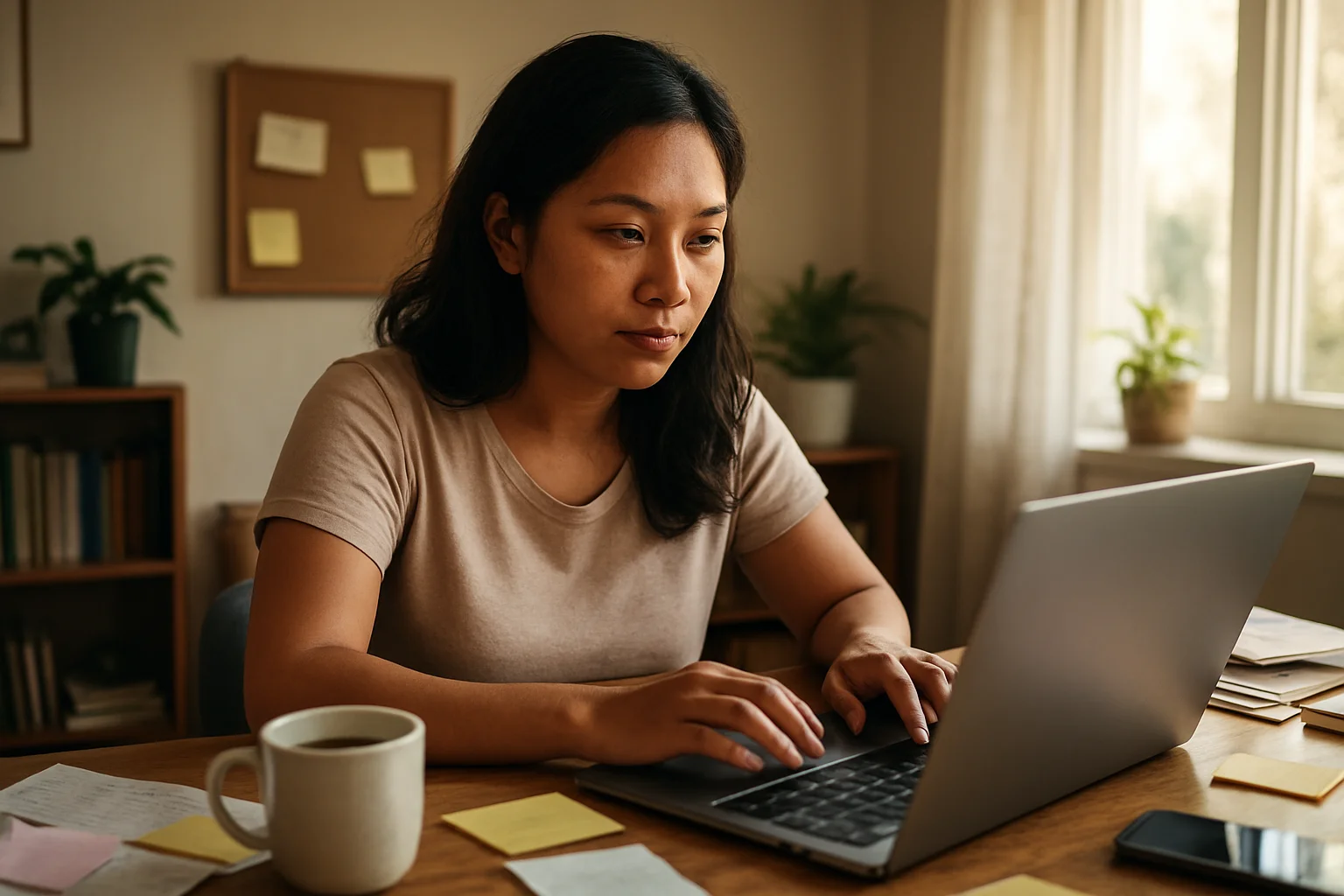 Filipino freelance personal assistant working at a cozy home office