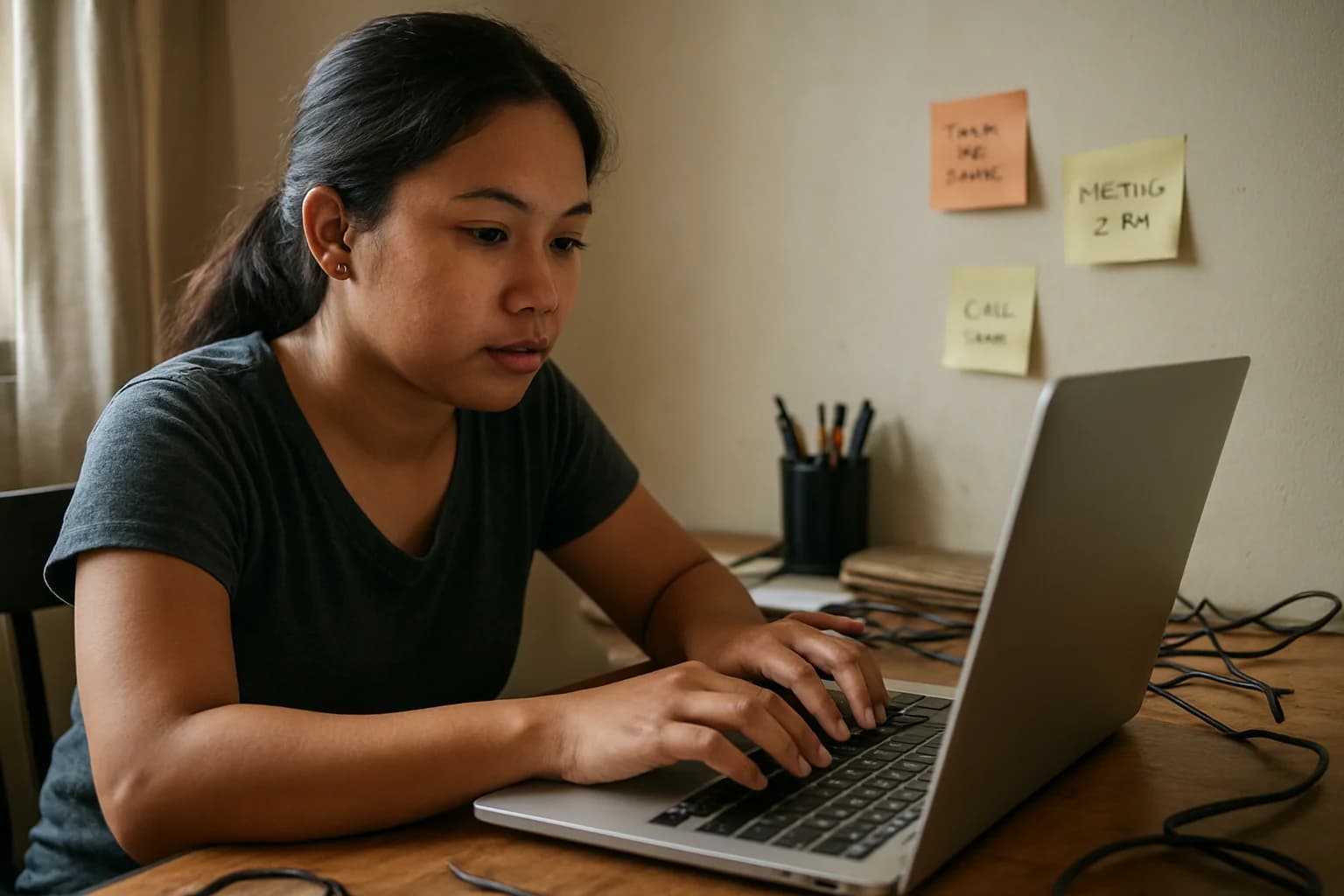 Filipino virtual assistant at a cozy desk with natural lighting.