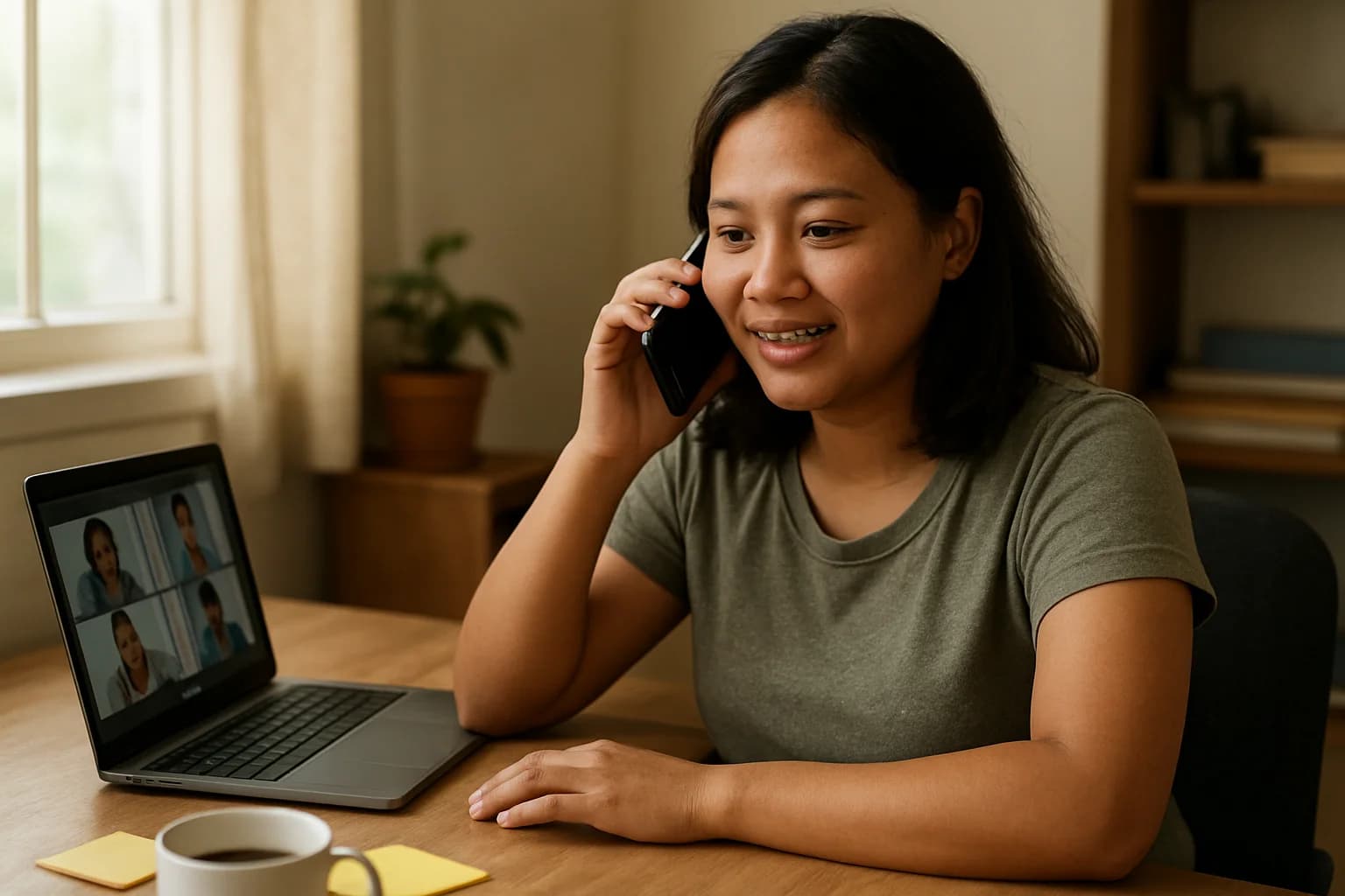 Filipino virtual assistant on a phone call in a casual office
