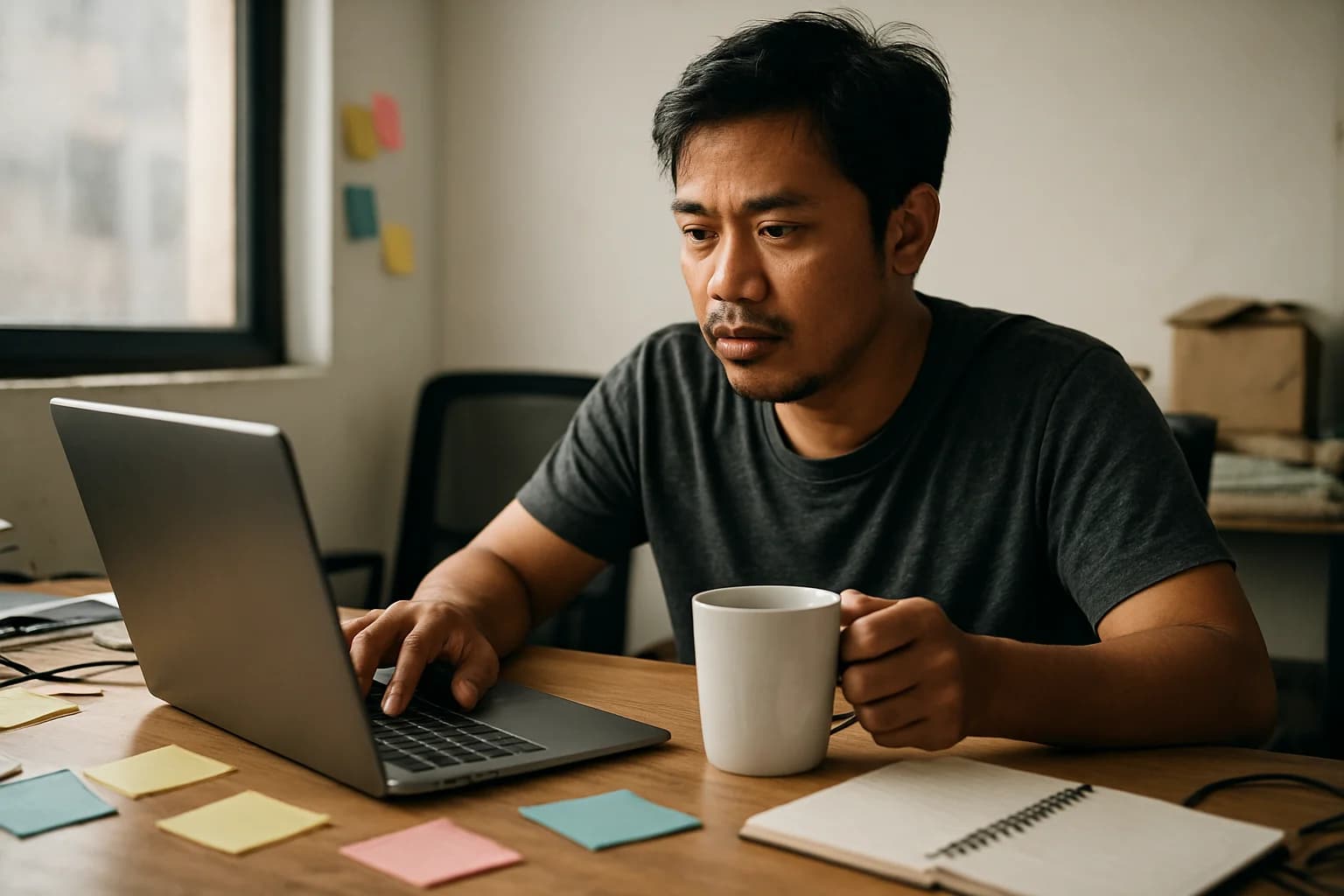 Filipino freelancer working at a cluttered desk