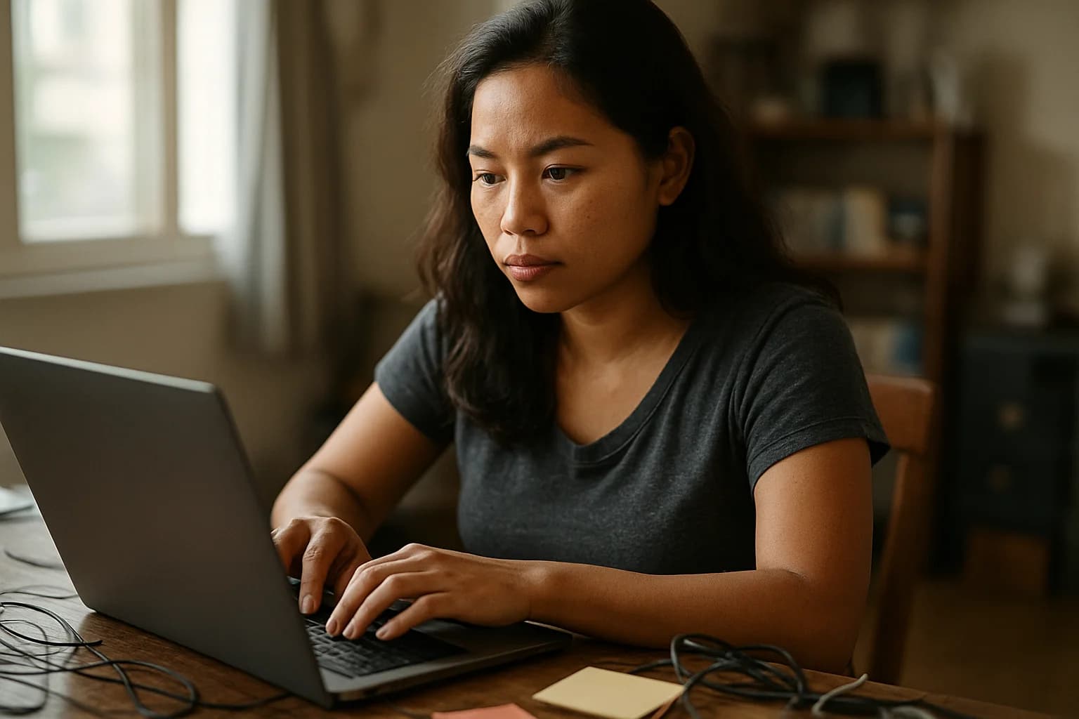 Filipino woman working as a virtual assistant receptionist at home