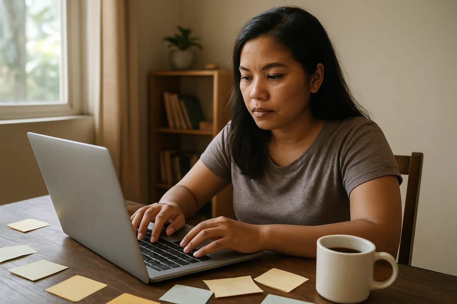 Filipino woman working in home office on laptop