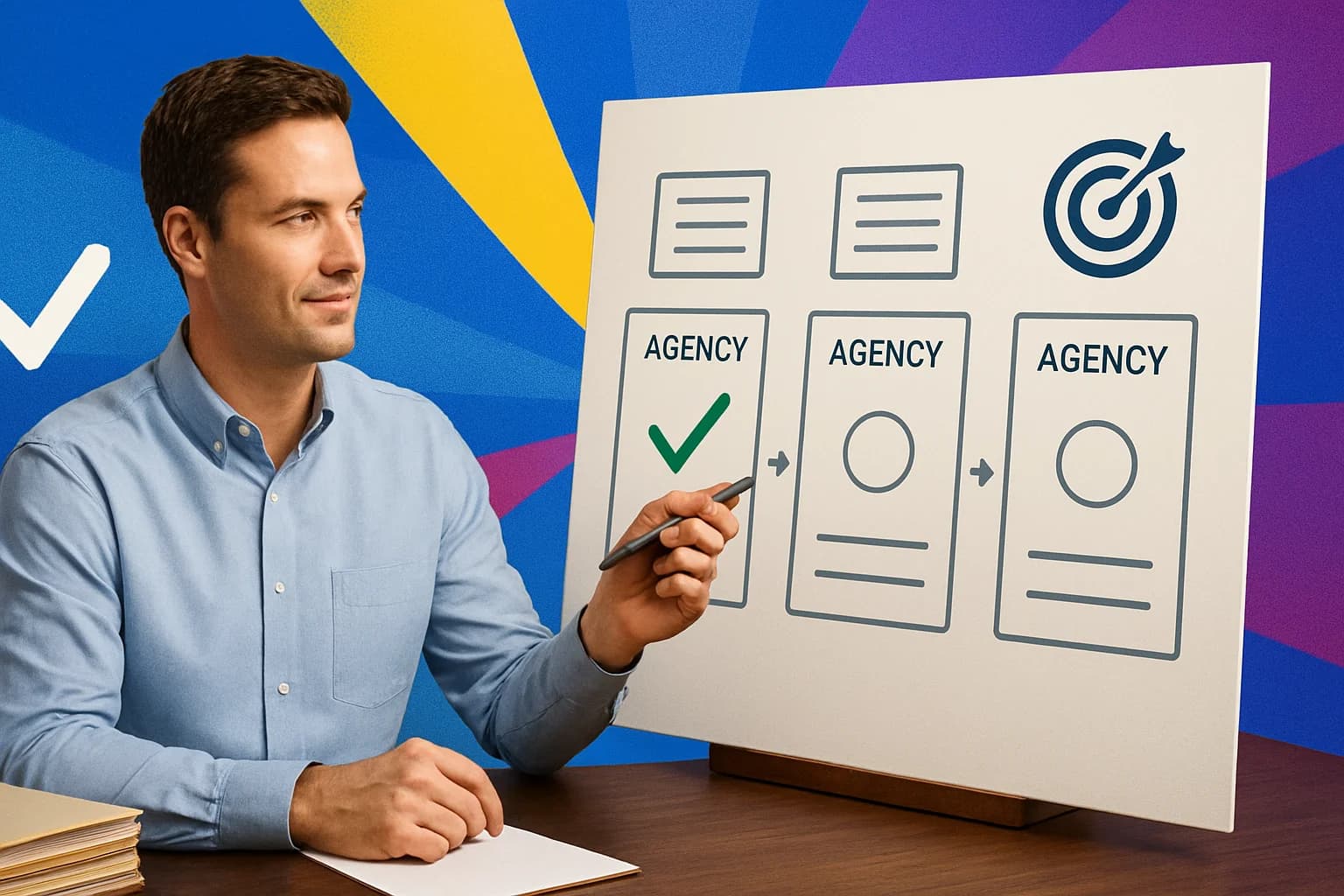 Employer evaluating social media marketing agency proposals with checklist
