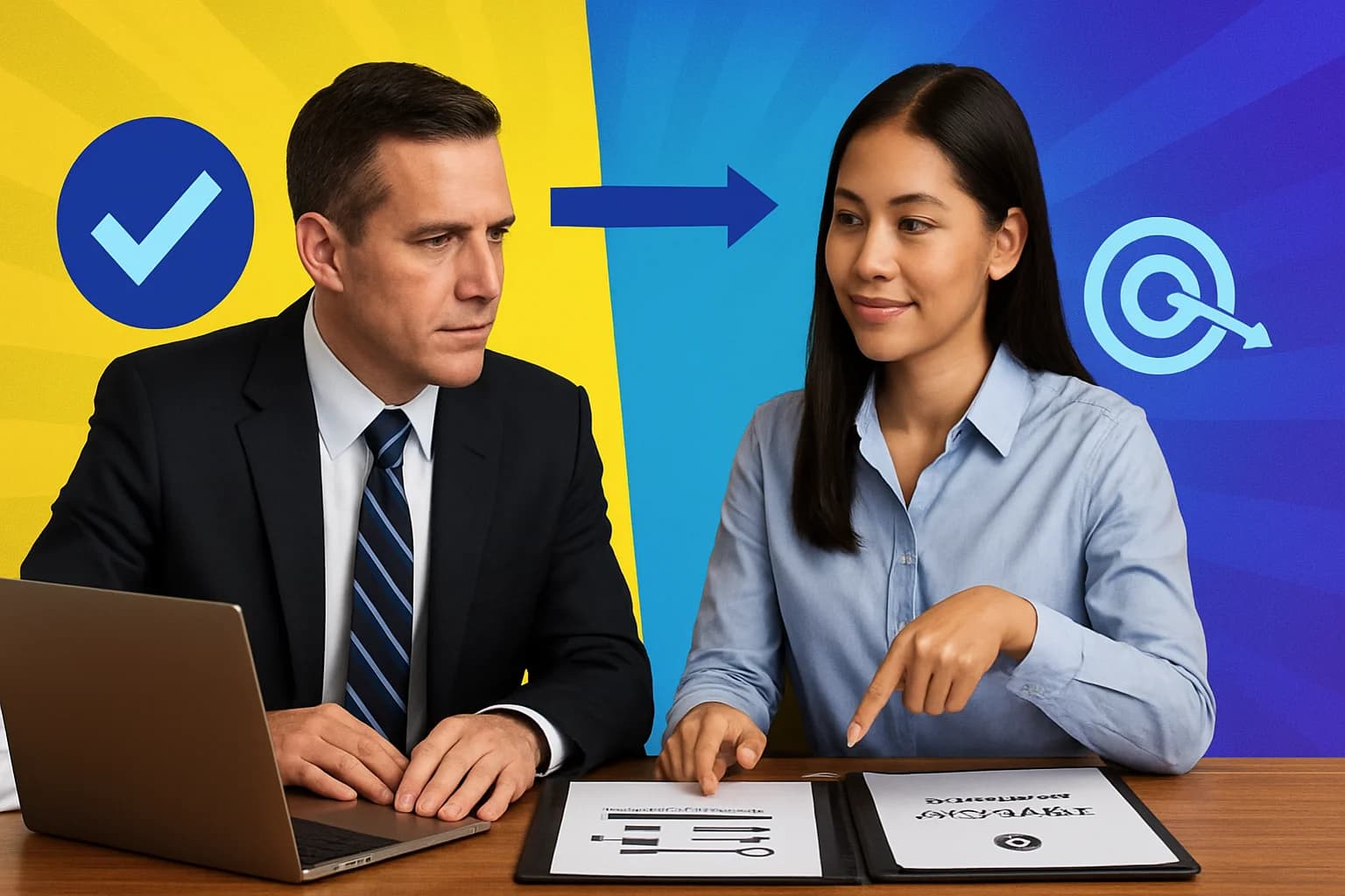 Employer evaluating social media agency proposals with Filipino marketing specialist