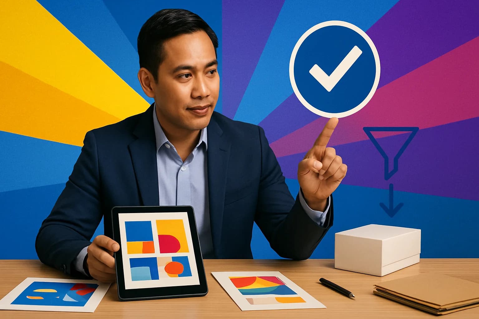 Filipino marketer evaluating social media creative agency proposal with selection checklist
