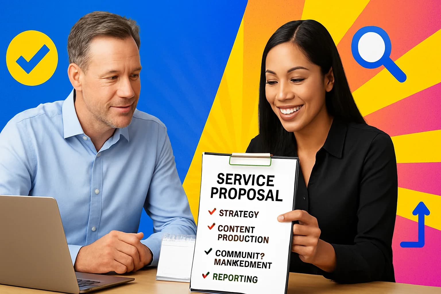 Business owner comparing social media marketing scope with Filipino specialist
