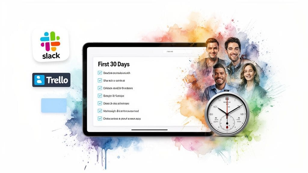 Digital onboarding checklist with diverse team, clock, Slack, and Trello logos on a vibrant watercolor background.