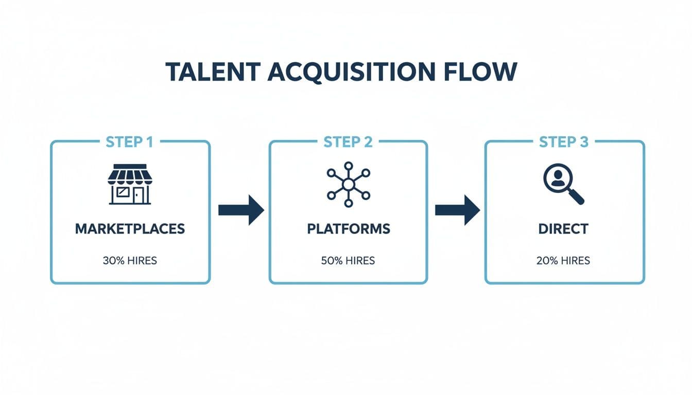 A talent acquisition flow diagram showing three steps: Marketplaces, Platforms, and Direct, with hiring percentages.