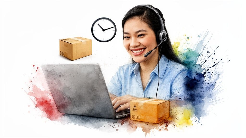 A smiling virtual assistant wearing a headset, working on a laptop with packages and a clock, representing efficient service.